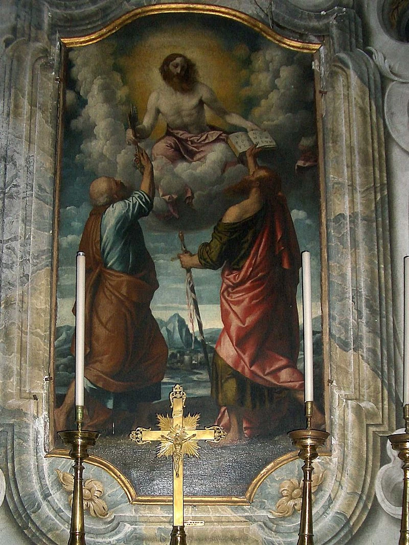 Il Moretto-245-Gesù in gloria consegna le chiavi a san Pietro e il libro della dottrina a san Paolo, 1540 circa, cappella di San Pietro-Rodengo